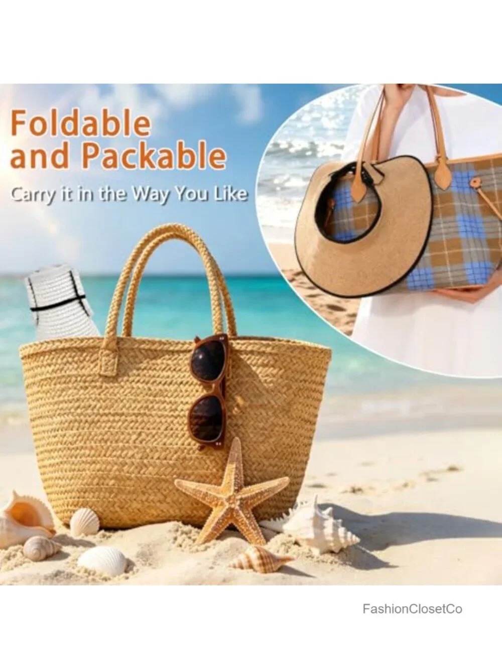 Wide Brim Straw Visor Sun Hat UPF 50+ Foldable Packable
